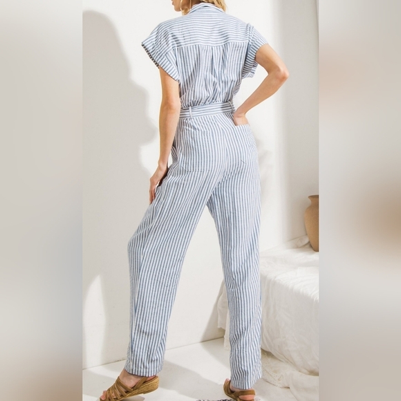 Flying Tomato Striped Jumpsuit with Belt, Button Down, Short Sleeve, S - Picture 3 of 14